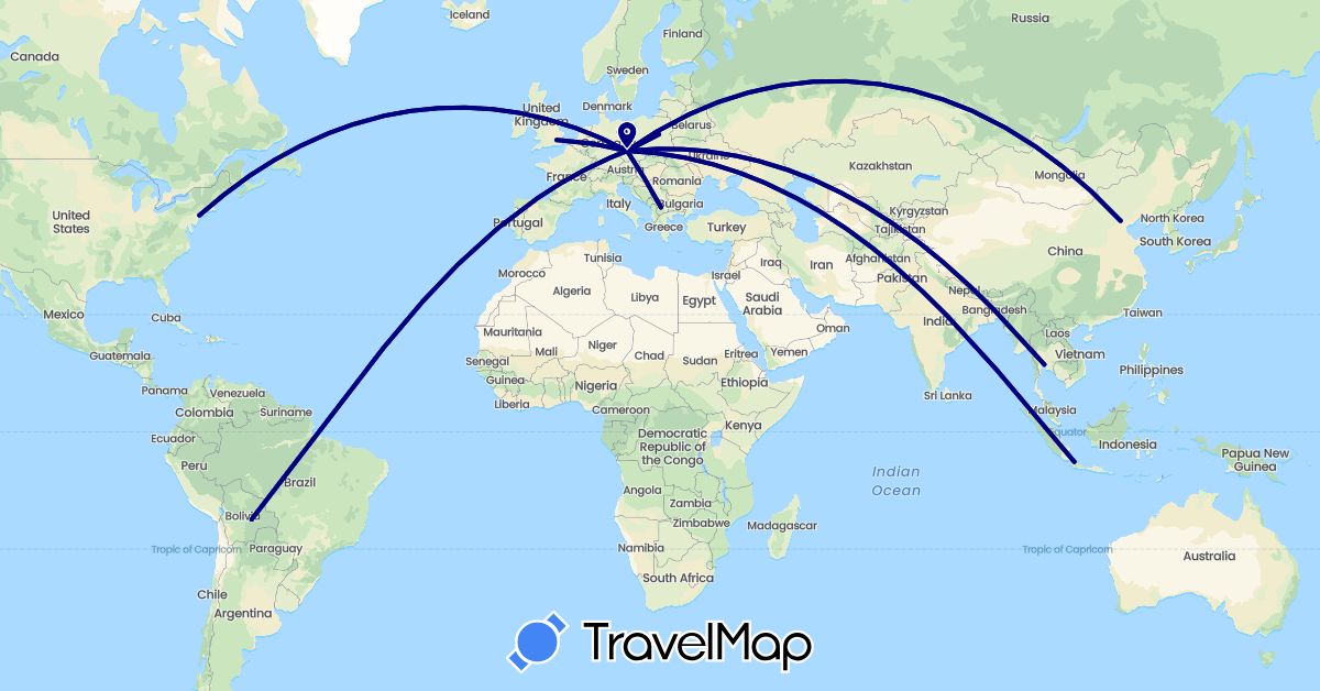 TravelMap itinerary: driving in Bolivia, China, Czech Republic, Germany, United Kingdom, Indonesia, Macedonia, Poland, Thailand, United States (Asia, Europe, North America, South America)